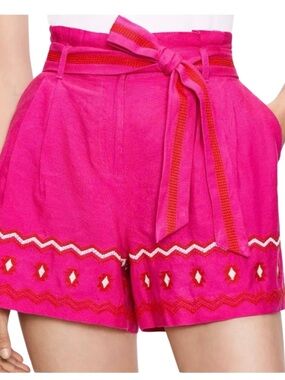 Loft Pink Paperbag Pull On Shorts Embroidered Linen Blend Belt